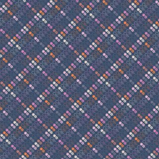 Das Bild zeigt den Patchworkstoff  Backyard Plaid. Es sind kleine, roséfarbene, zuckersüße Pfirsiche, die über einen zimtgelben Untergrund kullern.