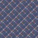 Das Bild zeigt den Patchworkstoff  Backyard Plaid. Es sind kleine, roséfarbene, zuckersüße Pfirsiche, die über einen zimtgelben Untergrund kullern.