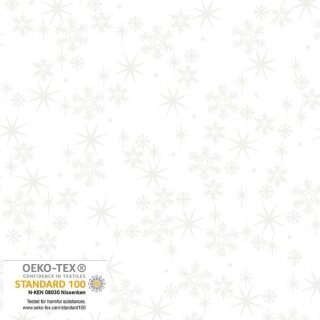 Das Bild zeigt den weissen Patchworkstoff Crystal Snowfall aus der Serie Snow Crystals. Er zeigt feine Schneekristalle und edlem Glitzereffekt auf einem weissen Untergrundstoff.