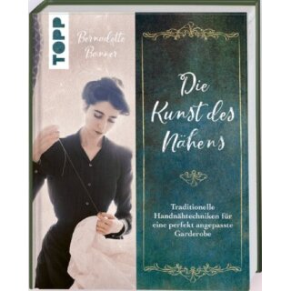Das Bild zeigt das Cover des Buches Die Kunst des Naehens. Es sitzt eine Frau , gekleidet wie in den zwanziger Jahren aus dem 20.Jahrhundert und naeht von Hand.