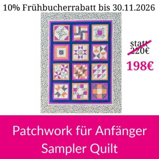 Das Bild zeigt das Kategoriebild der Kursreihe Pachwork für Einsteiger mit einm Sampler Quilt in den Farben blau, lila, weiss, pink und orange.