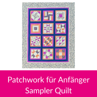 Das Bild zeigt das Kategoriebild der Kursreihe Pachwork für Einsteiger mit einm Sampler Quilt in den Farben blau, lila, weiss, pink und orange.