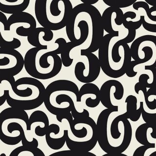 Das Bild zeigt den Patchworkstoff  Ampersand in newspaper aus der Serie Ampersand. Es ist ein schwarzer Patchworkstoff mit geschwungenen Spiralen in Form des "&" Typographen und abstrakten Ornamenten auf cremefarbenen Hintergrund.