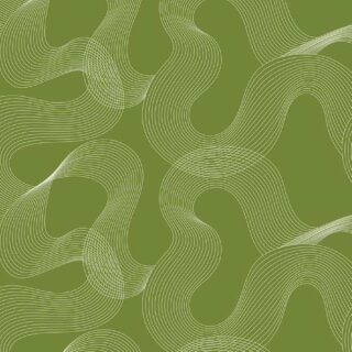 Das Bild zeigt den Patchworkstoff  Flow in sprout aus der Serie Ampersand. Baumwollstoff mit feinen, weissen Parallel-Linien in Wellenform auf olivgruenem Hintergrund.