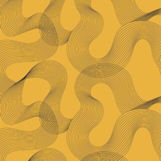 Das Bild zeigt den Patchworkstoff  Flow in yellow aus der Serie Ampersand. Baumwollstoff mit feinen, schwarzen Parallel-Linien in Wellenform auf gelben Hintergrund.