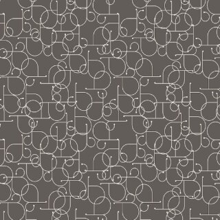 Das Bild zeigt den Patchworkstoff  Loop in flint aus der Serie Ampersand. Baumwollstoff mit einem feinen, abstrakten Netz aus cremefarbenen Linien und Schlaufen auf dunkelgrauem Hintergrund.