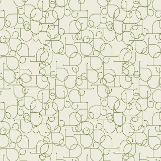 Das Bild zeigt den Patchworkstoff  Loop in sproutt aus der Serie Ampersand. Baumwollstoff mit einem feinen, abstrakten Netz aus gruenen Linien und Schlaufen auf cremefarbenen Hintergrund.