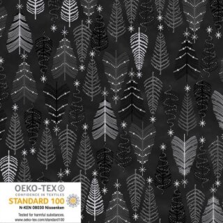 Das Bild zeigt den schwarzen Patchworkstoff Tannenbaeume black silver aus der Serie We love Christmas.. Er zeigt zarte, silber glitzernde und graue Tannenbaume auf einem schwarzen Untergrundstoff.