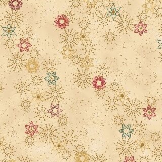 Das Bild zeigt den beigegelben Patchworkstoff Schneekristalle beige Gold aus der Serie Frosty Snowflake. Er zeigt zarte, goldglitzernde Schneekristalle auf einem beigegelben Untergrundstoff.