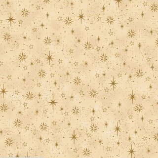 Das Bild zeigt den beigegelben Patchworkstoff Sternenfunkeln beige gold aus der Serie Frosty Snowflake. Er zeigt zarte, goldfunkelnde Sterne auf einem beigegelben Untergrundstoff.