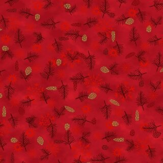 Das Bild zeigt den roten Patchworkstoff Tannenzapfen red gold aus der Serie We love Christmas.. Er zeigt zarte, gold glitzernde Tannenzapfen auf einem roten Untergrundstoff, welcher noch mit zarten tiefroten Zweigen und Schneekristallen bedruckt ist.