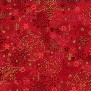 Das Bild zeigt den roten Patchworkstoff Weihnachtskugeln und Sterne red gold aus der Serie We love Christmas. Er zeigt zarte, gold glitzernde Weihnachtskugeln und Sterne auf einem roten Untergrundstoff, welcher noch mit zarten goldenen Sternchen und roten Schneekristallen bedruckt ist.