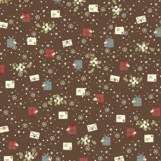 Das Bild zeigt den braunen Patchworkstoff Weihnachtspost brown aus der Serie Snow is Falling. Er zeigt süße Weihnachtsbriefe und Päckchen zwischen Mistelzweigen auf braunem Untergrund
