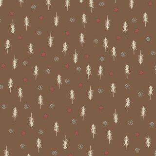 Das Bild zeigt den braunen Patchworkstoff Tannenbaeume brown aus der Serie Snow is Falling. Er zeigt kleine beigefarbene Tannenbaeume und rote Sternchen auf braunem Untergrund