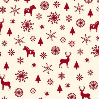 Das Bild zeigt den braunen Patchworkstoff Darla Pferdchen creme aus der Serie Scandinavian Christmas. Er zeigt kleine rote Darla Pferdchen und verschiedene rote Schneeflocken auf cremefarbenem Untergrund.