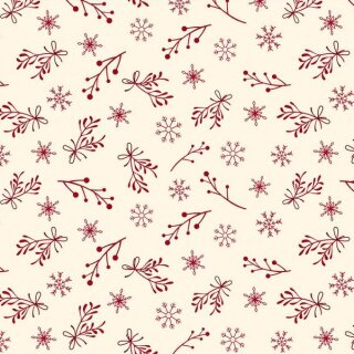Das Bild zeigt den braunen Patchworkstoff Mistelzweige creme aus der Serie Nordic Noel. Er zeigt klein rote Mistelzweige und Schneeflocken auf cremefarbenem Untergrund.