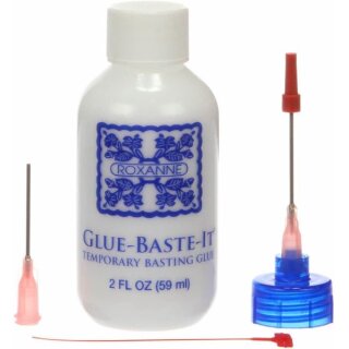 Das Bild zeigt den Artikel Glue Baste IT von Roxanne. Es sind die weisse Flasche mit blauen Schriftzug und die beiden Spritzenaufsaetze abgebildet.