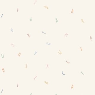 Das Bild zeigt eine hellen creme bis eierschalfarbenen Baumwollstoff mit Buchstaben in Pastellfarben wie mint, apricot oder rose.