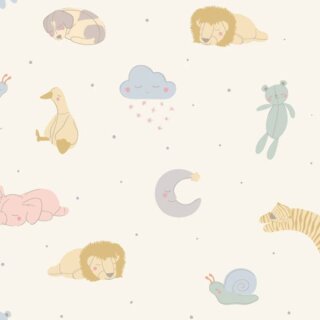 Das Bild zeigt den Kinderstoff mit Elefant, Löwe, Teddybaer, Schweinchen, Tiger, Hund und Schnecke. Die Farben sind creme, gelb, gruen, apricot, rosa und blau.