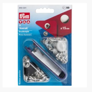 Die Ansicht zeigt die Verpackung fuer 10 Anorak Druckknoepfe in 15mm Durchmesser.