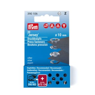 Die Ansicht zeigt die Nachfüllpackung von Jersey Druckknöpfe in silber mit 10mm Durchmesser